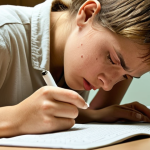 **

A tense examination room. Students are intensely studying their materials. Focus on a student with sweat on their brow, deeply concentrating on their test paper. Soft, diffused lighting to emphasize the anxiety. Consider including textbooks or study guides with German words visible.

**