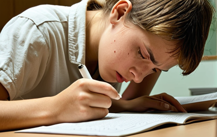 **

A tense examination room. Students are intensely studying their materials. Focus on a student with sweat on their brow, deeply concentrating on their test paper. Soft, diffused lighting to emphasize the anxiety. Consider including textbooks or study guides with German words visible.

**