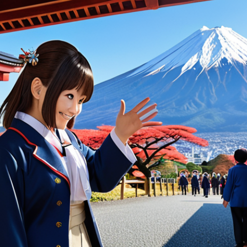 **

A young Japanese woman, smartly dressed as a tour conductor, smiling warmly while gesturing towards a famous Japanese landmark (e.g., Mount Fuji or a traditional temple). In the background, a group of French tourists are looking on with interest. The scene conveys a sense of welcoming and cultural exchange. Style: Anime, bright colors.

**