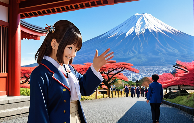 **

A young Japanese woman, smartly dressed as a tour conductor, smiling warmly while gesturing towards a famous Japanese landmark (e.g., Mount Fuji or a traditional temple). In the background, a group of French tourists are looking on with interest. The scene conveys a sense of welcoming and cultural exchange. Style: Anime, bright colors.

**