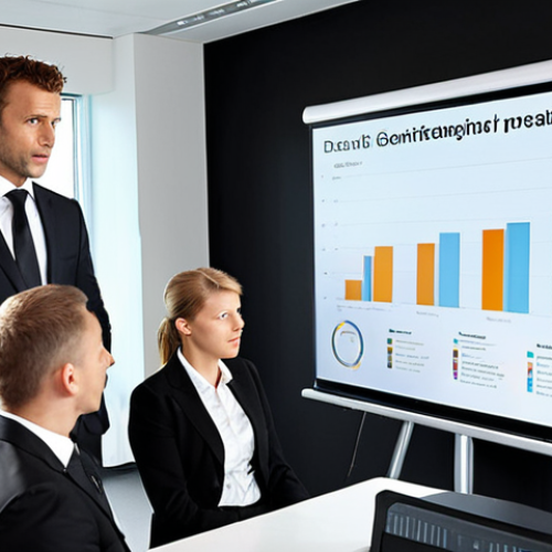 **Confident Presentation:** A sharply dressed businessman (dark suit, tie) delivering a presentation to a group of German executives. The background is a modern office. The slide behind him displays a clean, data-driven chart. He maintains strong eye contact. Focus on projecting confidence and professionalism.