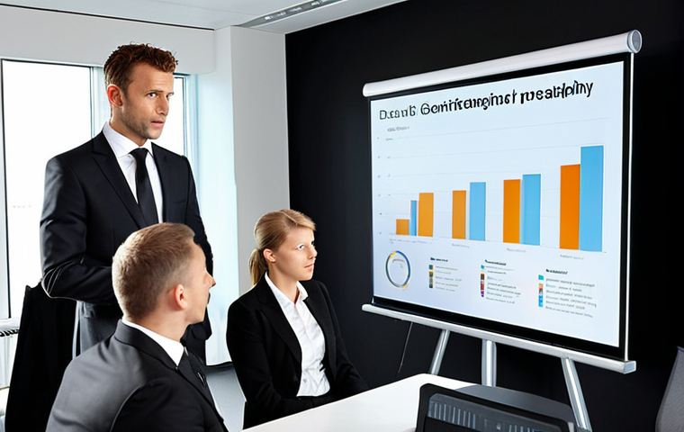 **Confident Presentation:** A sharply dressed businessman (dark suit, tie) delivering a presentation to a group of German executives. The background is a modern office. The slide behind him displays a clean, data-driven chart. He maintains strong eye contact. Focus on projecting confidence and professionalism.