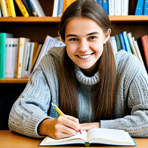Focused Study**

"A young woman, fully clothed in a comfortable sweater and jeans, sitting at a bright desk with open German grammar books and a notebook. She is smiling slightly, looking focused and determined. The background is a cozy, well-lit room with bookshelves. Safe for work, appropriate content, fully clothed, modest attire, perfect anatomy, correct proportions, natural pose, professional quality, family-friendly."

**