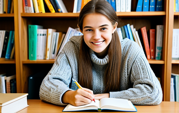 Focused Study**

"A young woman, fully clothed in a comfortable sweater and jeans, sitting at a bright desk with open German grammar books and a notebook. She is smiling slightly, looking focused and determined. The background is a cozy, well-lit room with bookshelves. Safe for work, appropriate content, fully clothed, modest attire, perfect anatomy, correct proportions, natural pose, professional quality, family-friendly."

**