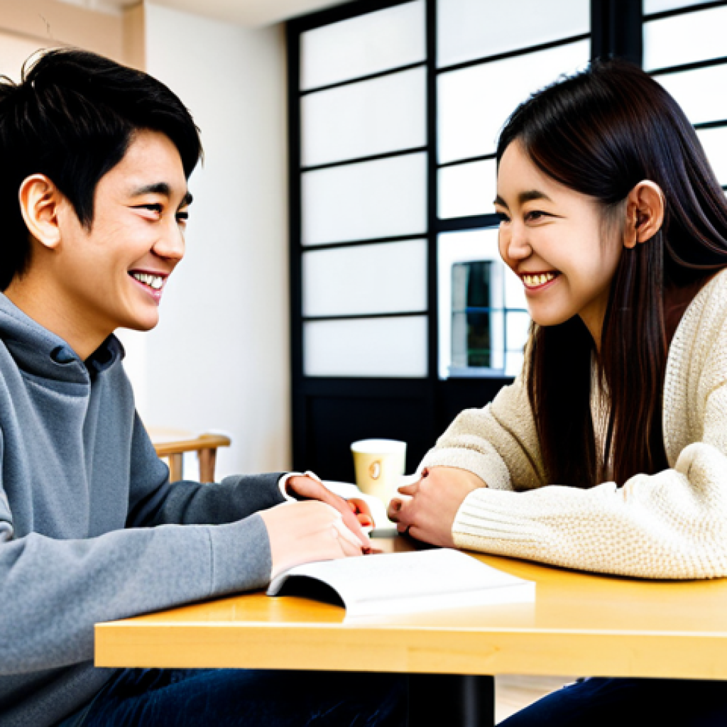 프랑스어 발음 교정 팁 - Language Exchange Coffee Shop**
"Two students, one Japanese, one French, sitting at a table in a br...