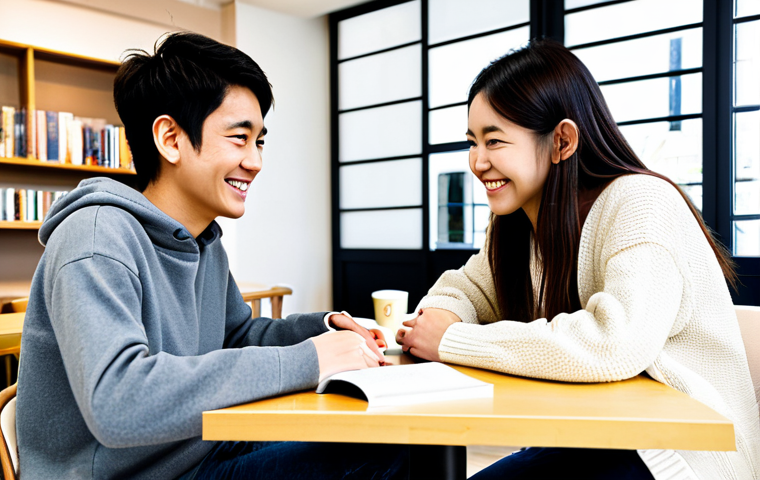 프랑스어 발음 교정 팁 - Language Exchange Coffee Shop**

"Two students, one Japanese, one French, sitting at a table in a br...
