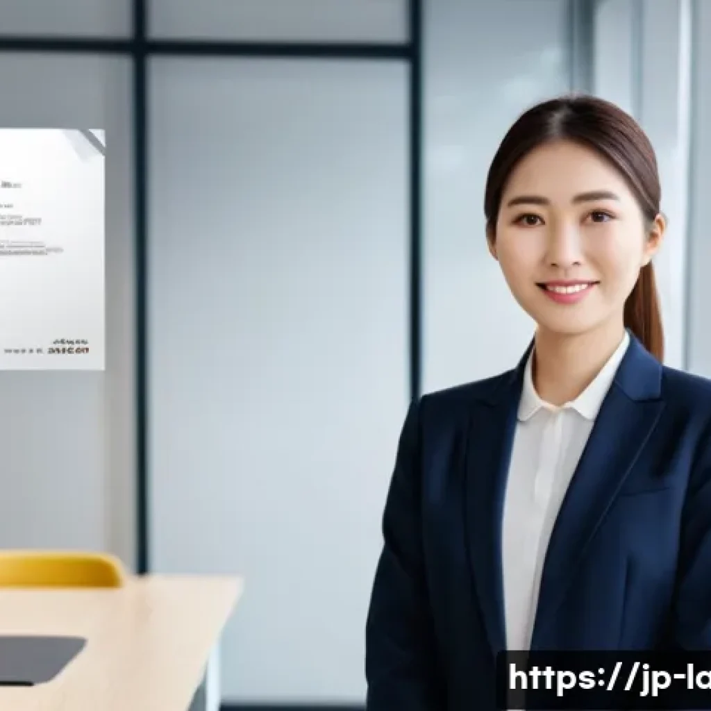 외국어 자격증으로 해외 취업 성공 사례 - A professional Japanese businesswoman in modern office attire, confidently holding a TOEIC certifica...