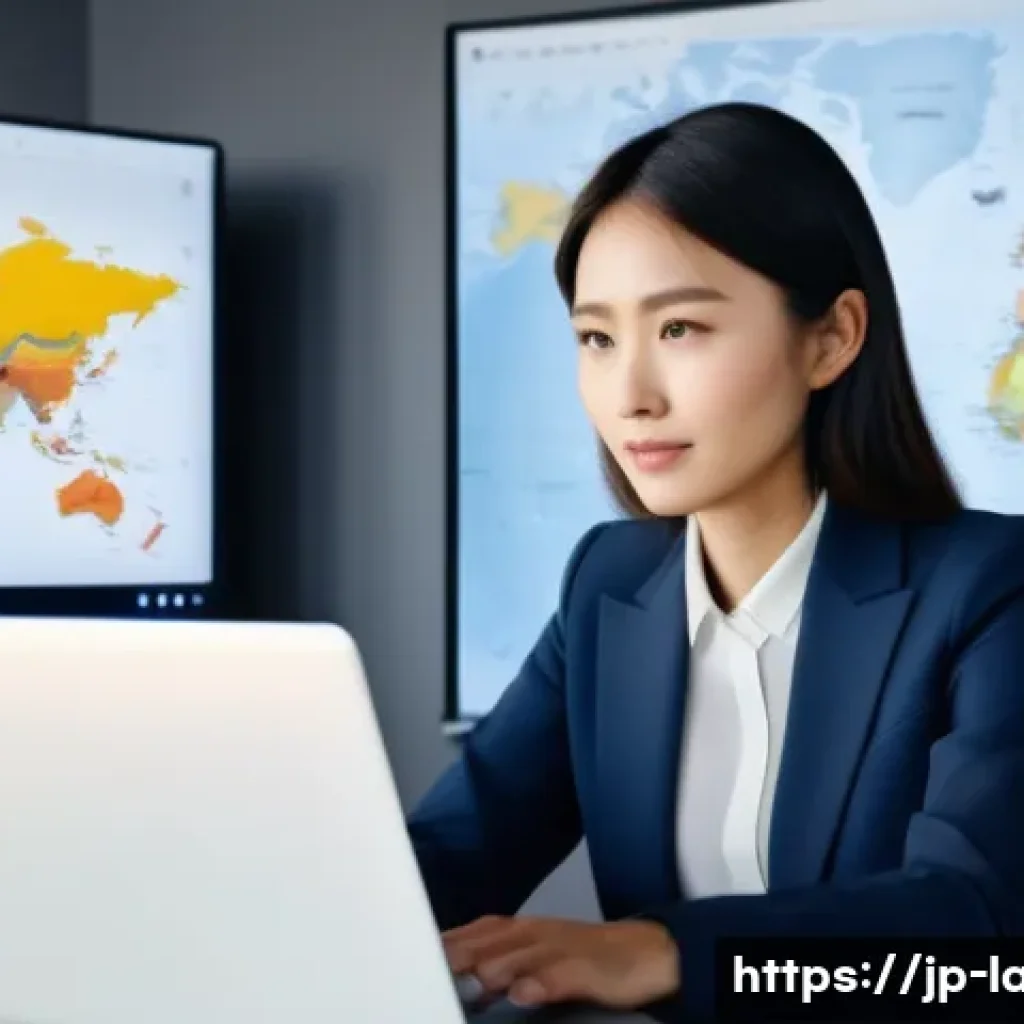 프랑스어 자격증의 중요성 - A modern international business office scene featuring a young Japanese professional woman confident...