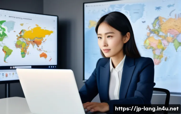 프랑스어 자격증의 중요성 - A modern international business office scene featuring a young Japanese professional woman confident...