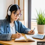 프랑스어 회화 시험 대비 실전 연습 - A modern Japanese woman studying French at home, surrounded by French language books and a laptop pl...
