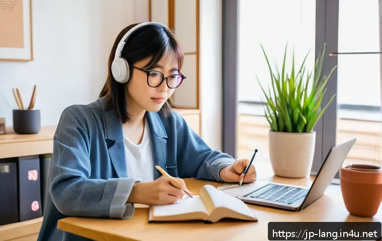 프랑스어 회화 시험 대비 실전 연습 - A modern Japanese woman studying French at home, surrounded by French language books and a laptop pl...
