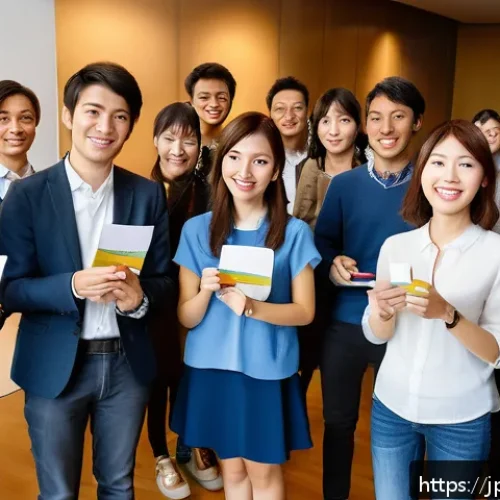 프랑스어 자격증 취득 후 네트워킹 방법 - A modern professional networking event focused on French language skills, showing diverse Japanese y...