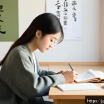 프랑스어 실기 시험 대비 체크리스트 - A modern Japanese student studying French in a cozy, sunlit room decorated with minimalist furniture...