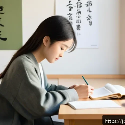 프랑스어 실기 시험 대비 체크리스트 - A modern Japanese student studying French in a cozy, sunlit room decorated with minimalist furniture...