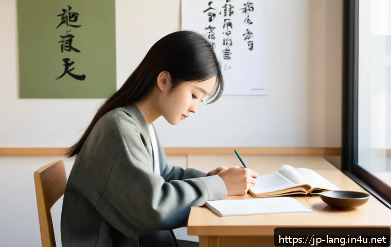 프랑스어 실기 시험 대비 체크리스트 - A modern Japanese student studying French in a cozy, sunlit room decorated with minimalist furniture...