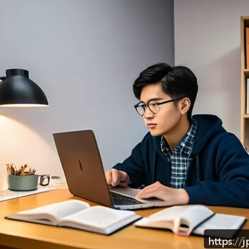 독일어 자격증으로 가능한 국제 커리어 - A focused Japanese learner studying German independently at a cozy desk setup, surrounded by German ...