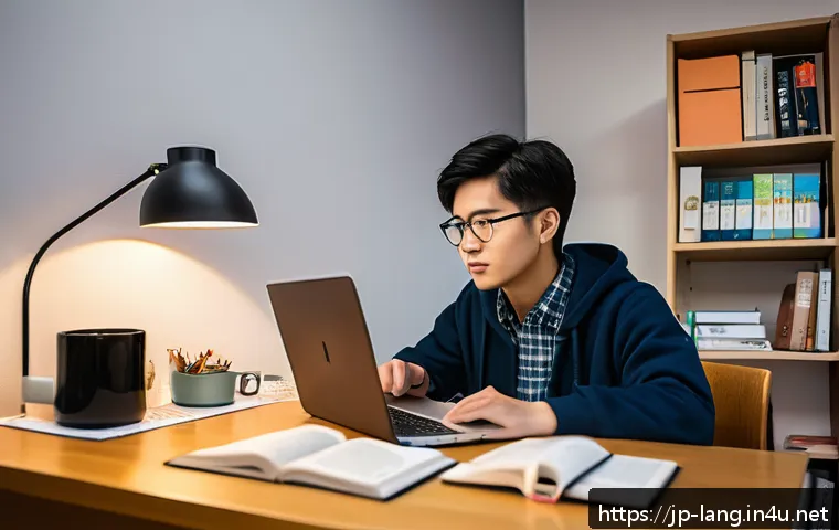 독일어 자격증으로 가능한 국제 커리어 - A focused Japanese learner studying German independently at a cozy desk setup, surrounded by German ...