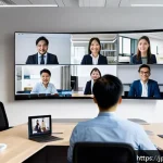 외국어 자격증과 관련된 취업 공고 정보 - A modern office scene in a global IT company with diverse professionals collaborating on a multiling...