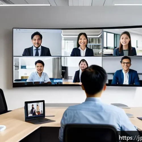 외국어 자격증과 관련된 취업 공고 정보 - A modern office scene in a global IT company with diverse professionals collaborating on a multiling...