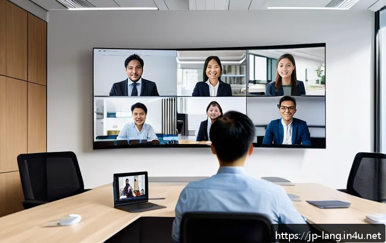 외국어 자격증과 관련된 취업 공고 정보 - A modern office scene in a global IT company with diverse professionals collaborating on a multiling...