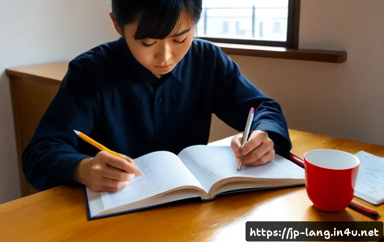 외국어 시험 대비 워크북 활용법 - Photorealistic Japanese adult learner studying for a foreign language exam at a clean wooden desk, o...