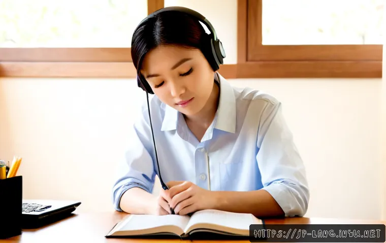외국어 시험 집중력 향상 비법 - Photorealistic Japanese university student preparing for a foreign language exam at a tidy wooden de...